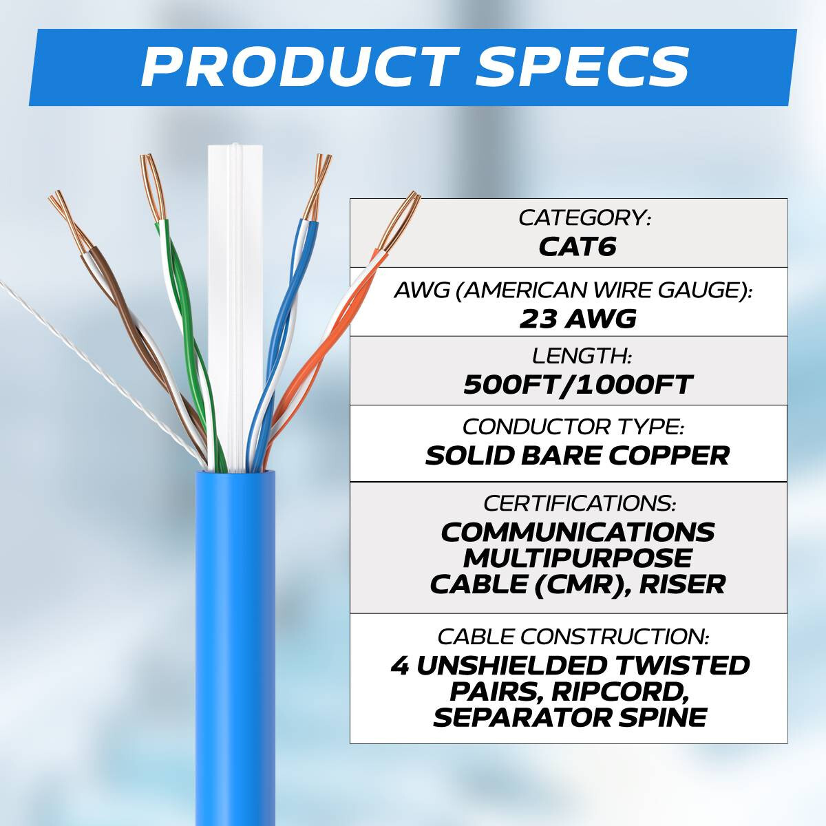 CAT6 500ft Purple ETL CMR 23 AWG Solid Copper Ethernet Network Cable