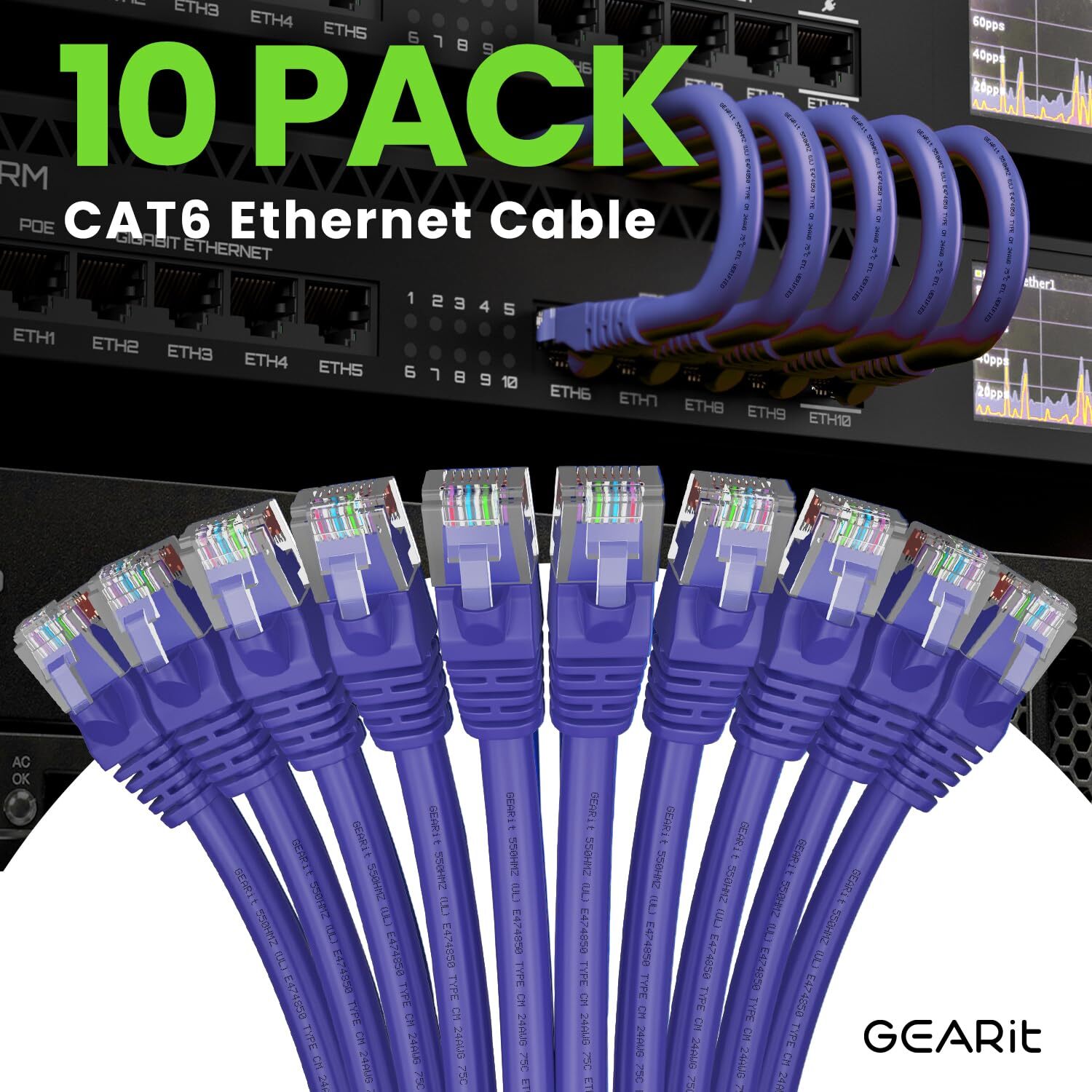 Cat 6 Ethernet Cable 10-Pack 3 Feet Cat6 Network Patch 10Gbps RJ45 Snagless C…