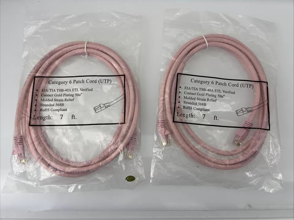 (2)~ PINK ~Category 6 CAT Patch Cord UTP EIA/TIA TSB-40A ETL Verified, 7 Ft RoHS