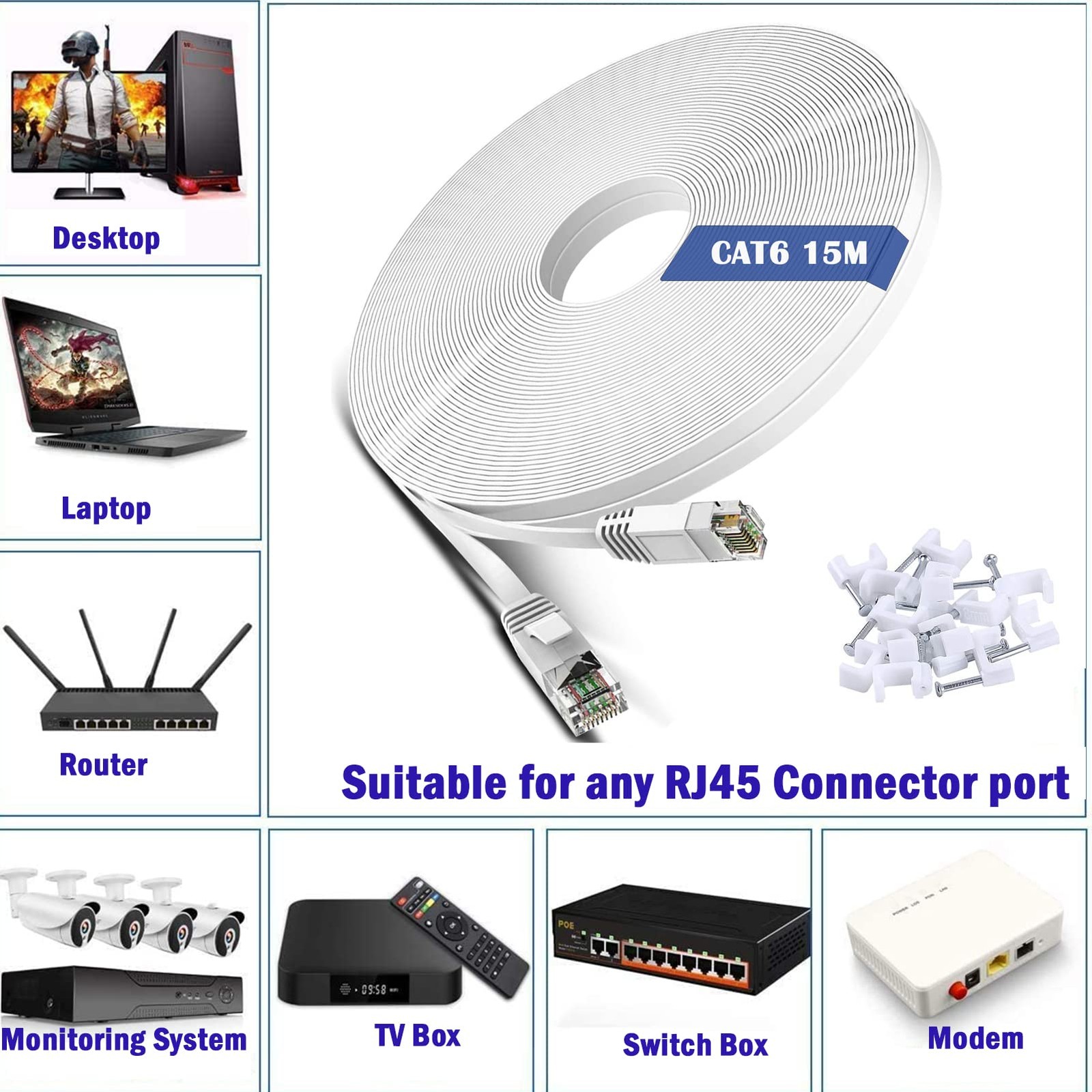 50 ft White Cat 6 Ethernet Cable Flat Internet Network LAN Patch Cord RJ45