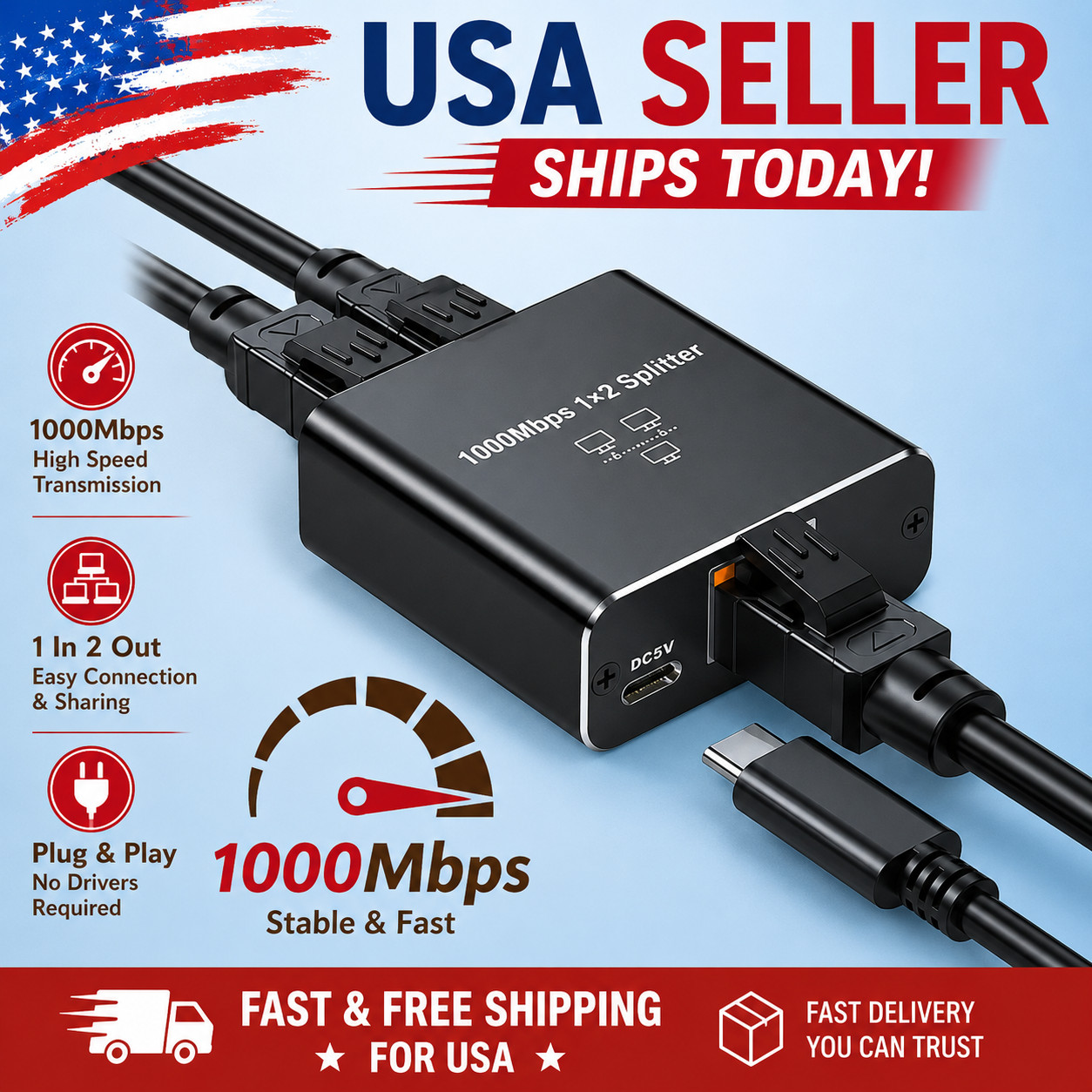 1000Mbps LAN Network Internet 1 to 2 Out Adapter RJ45 Gigabit Ethernet Splitter