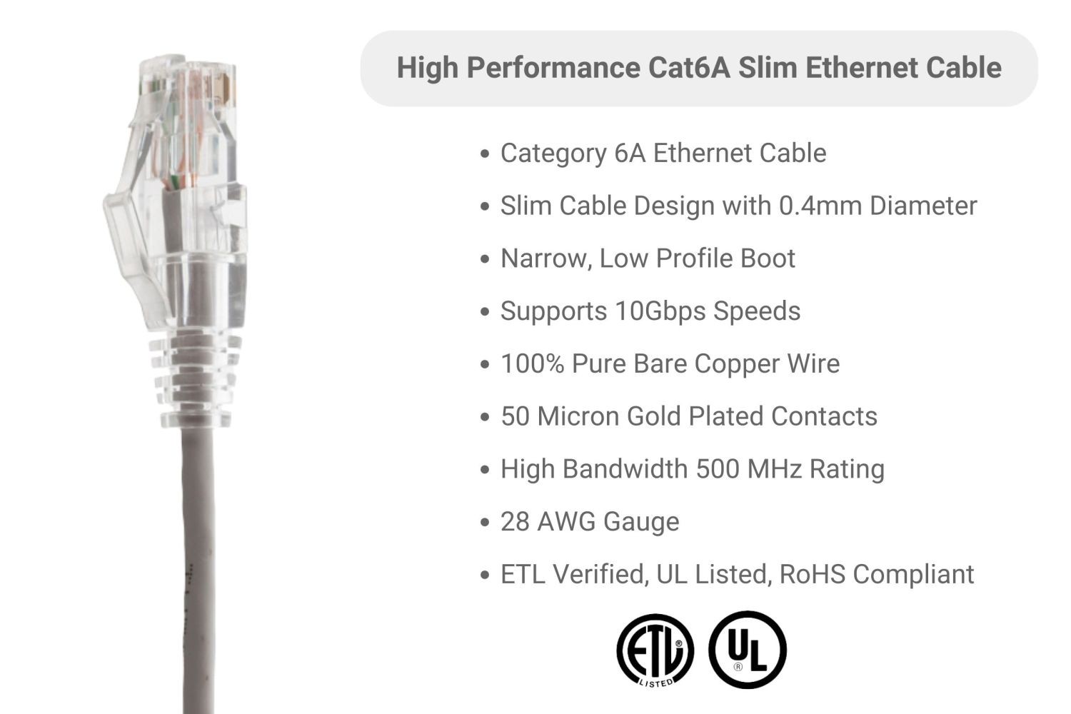 Slim, CAT6A Ethernet Patch Cable, Booted, 7′, Gray – Lifetime Warranty