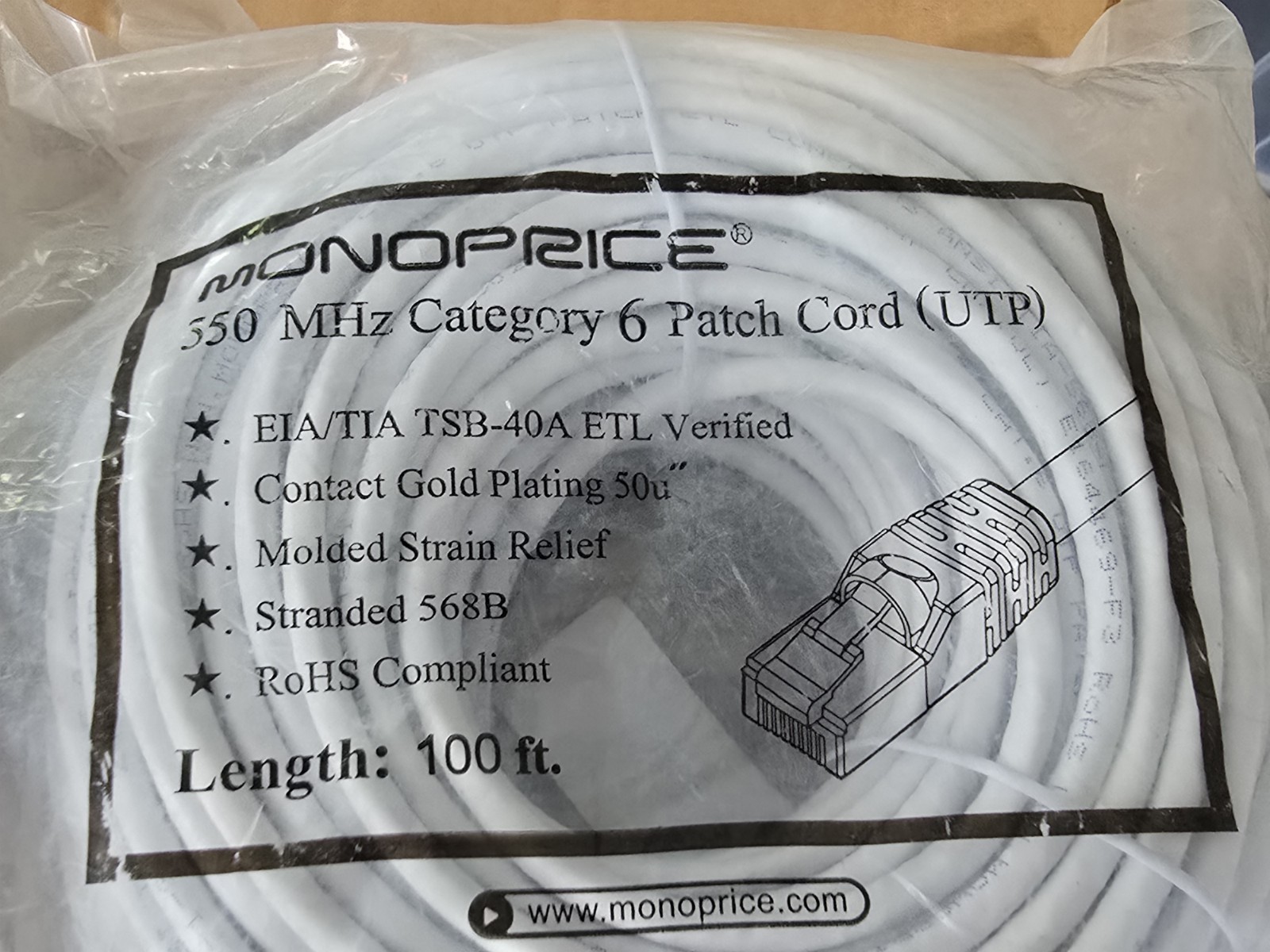 MONOPRICE 100′ Patch Cord Cat 6 | 100 ft. w/ Gold Plate Connectors | New