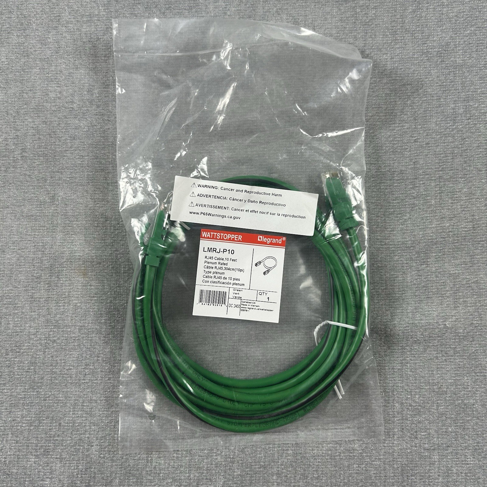 Legrand Wattstopper LMRJ-P10 Patch Cable 10′ Green RJ45 Plenum Rated – 1 Count