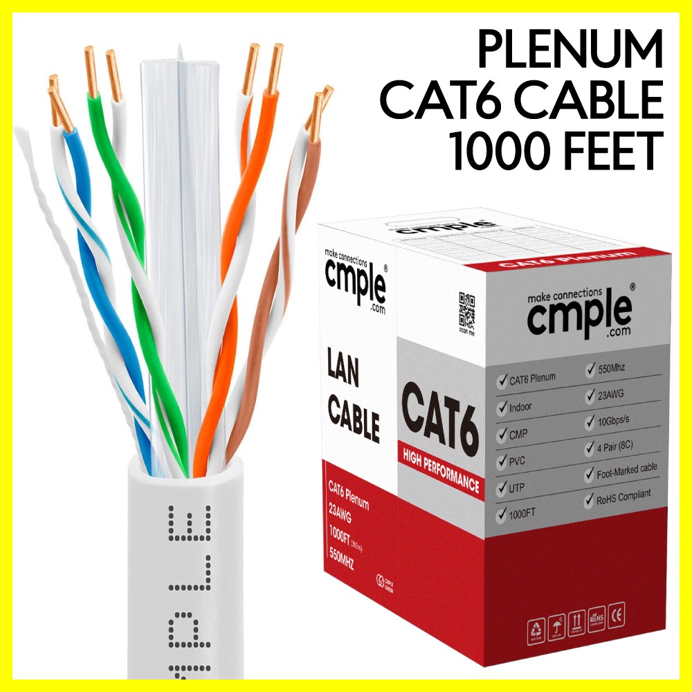 Cat6 Plenum Ethernet Cable 1000ft CMP Solid 23AWG UTP Bulk Pull Box White