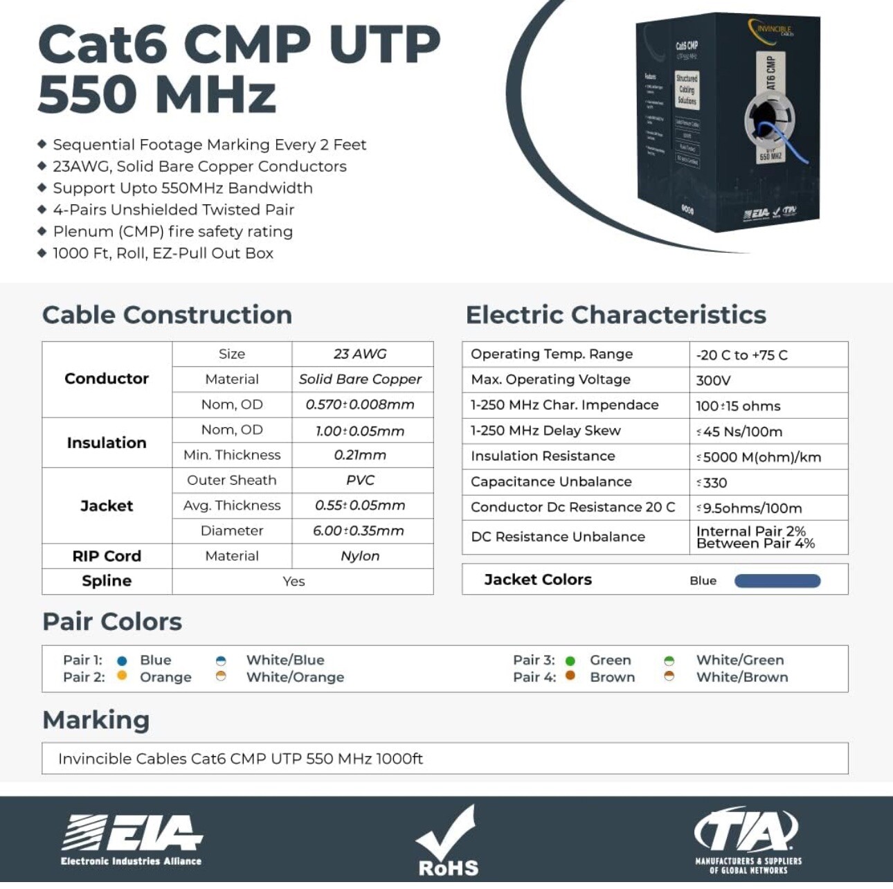 Invincible Cables Cat6 Plenum (CMP) 1000ft Cable | 100% Solid Copper Conductors