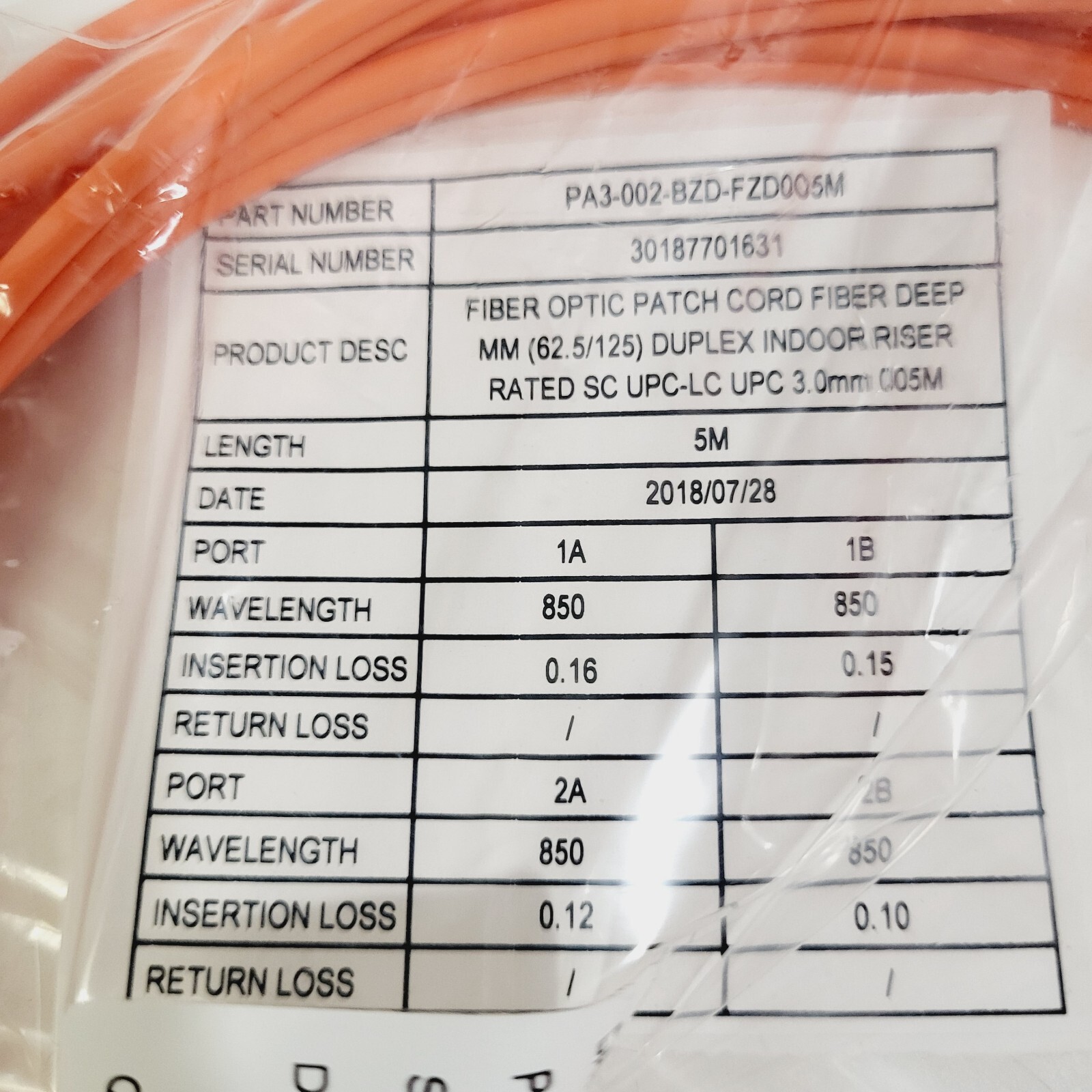 NEW Fiber Patchcord, 5 Meter,SC/UPC to Clipped LC/UPC PA3-002-BZD-FZD005M