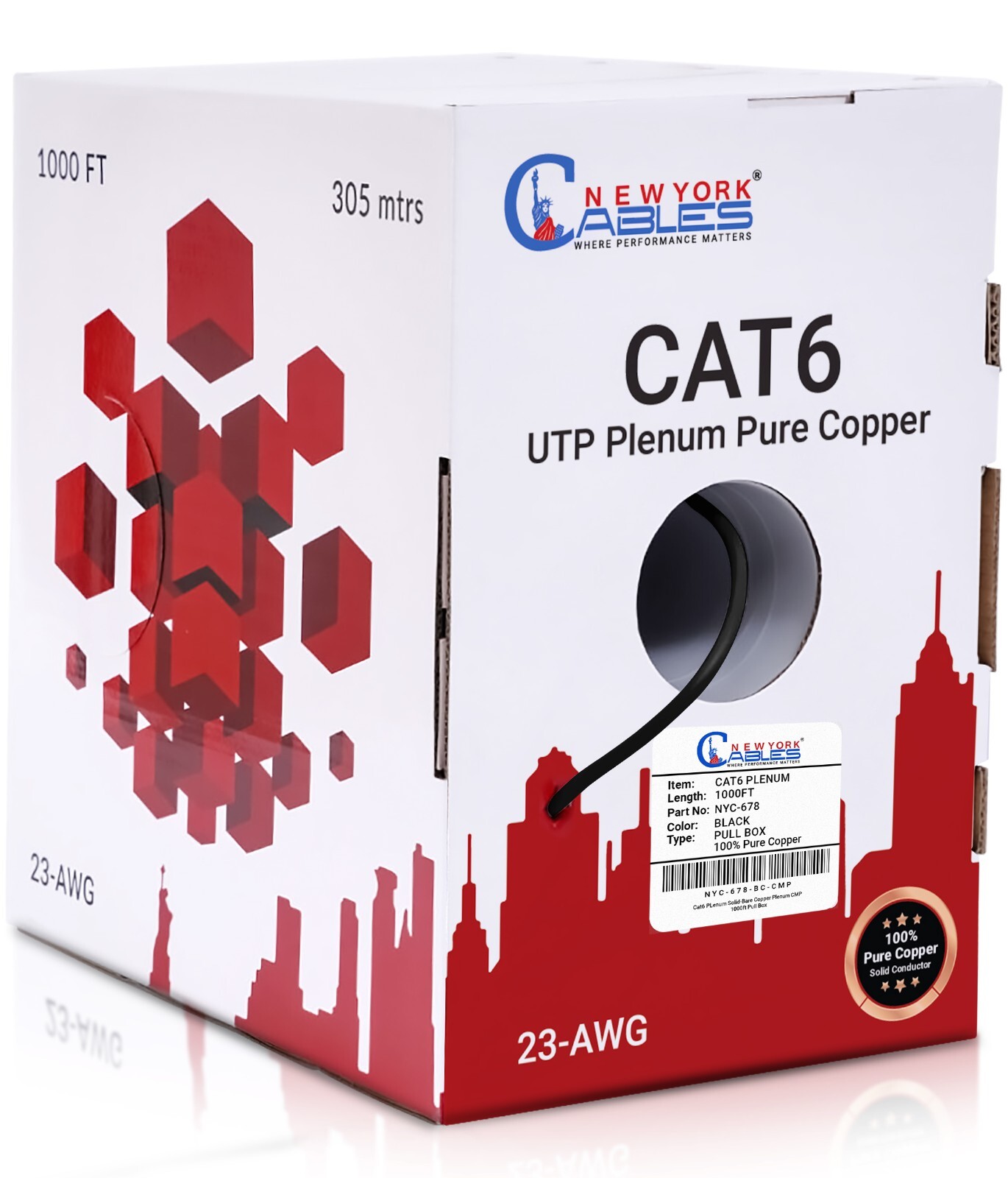 Cat6 Plenum Cable 1000ft Solid Copper 23AWG UTP Bulk Internet Cable Lan Black
