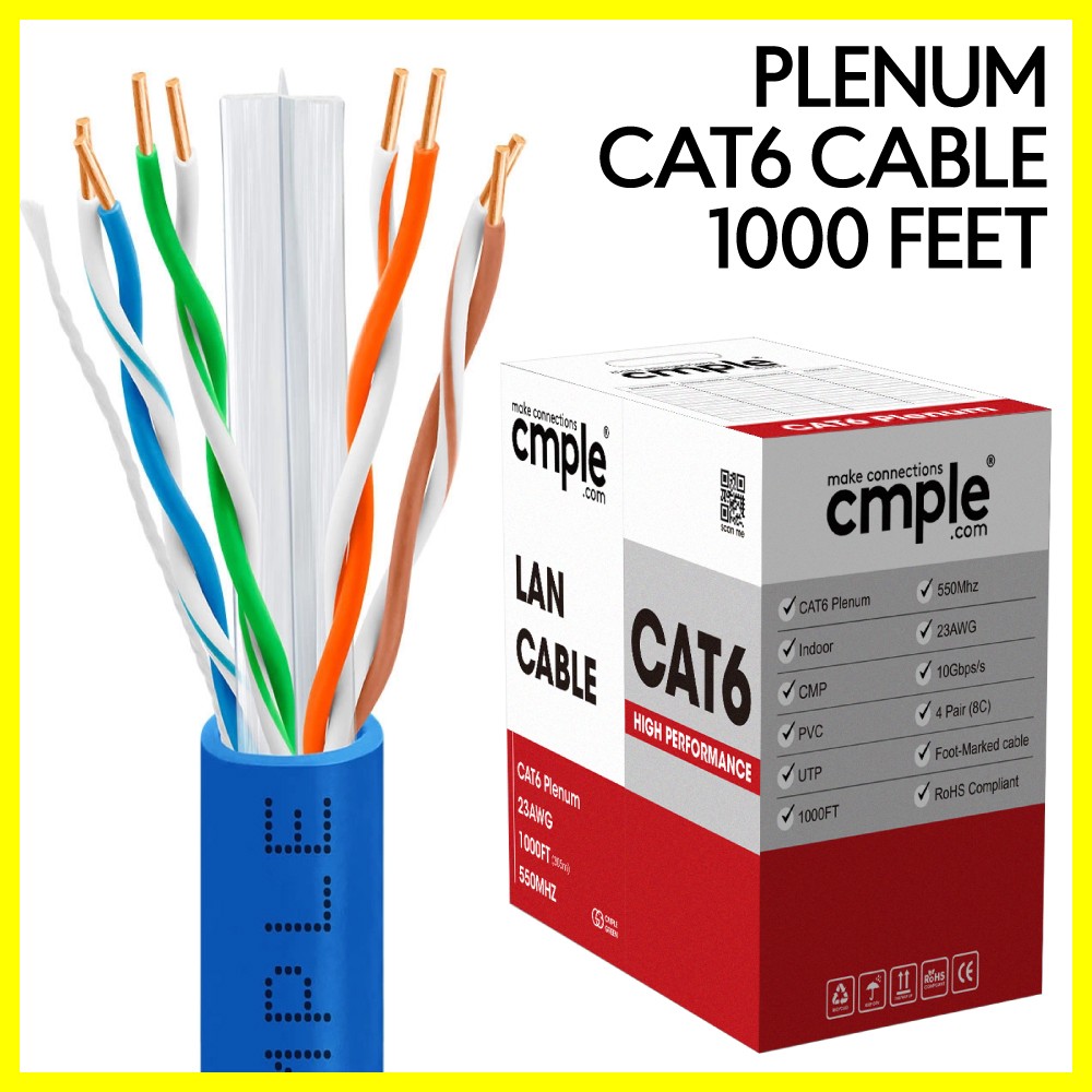 1000ft Cat6 CMP Plenum Ethernet LAN Cable Solid 23AWG UTP Pull Box Blue