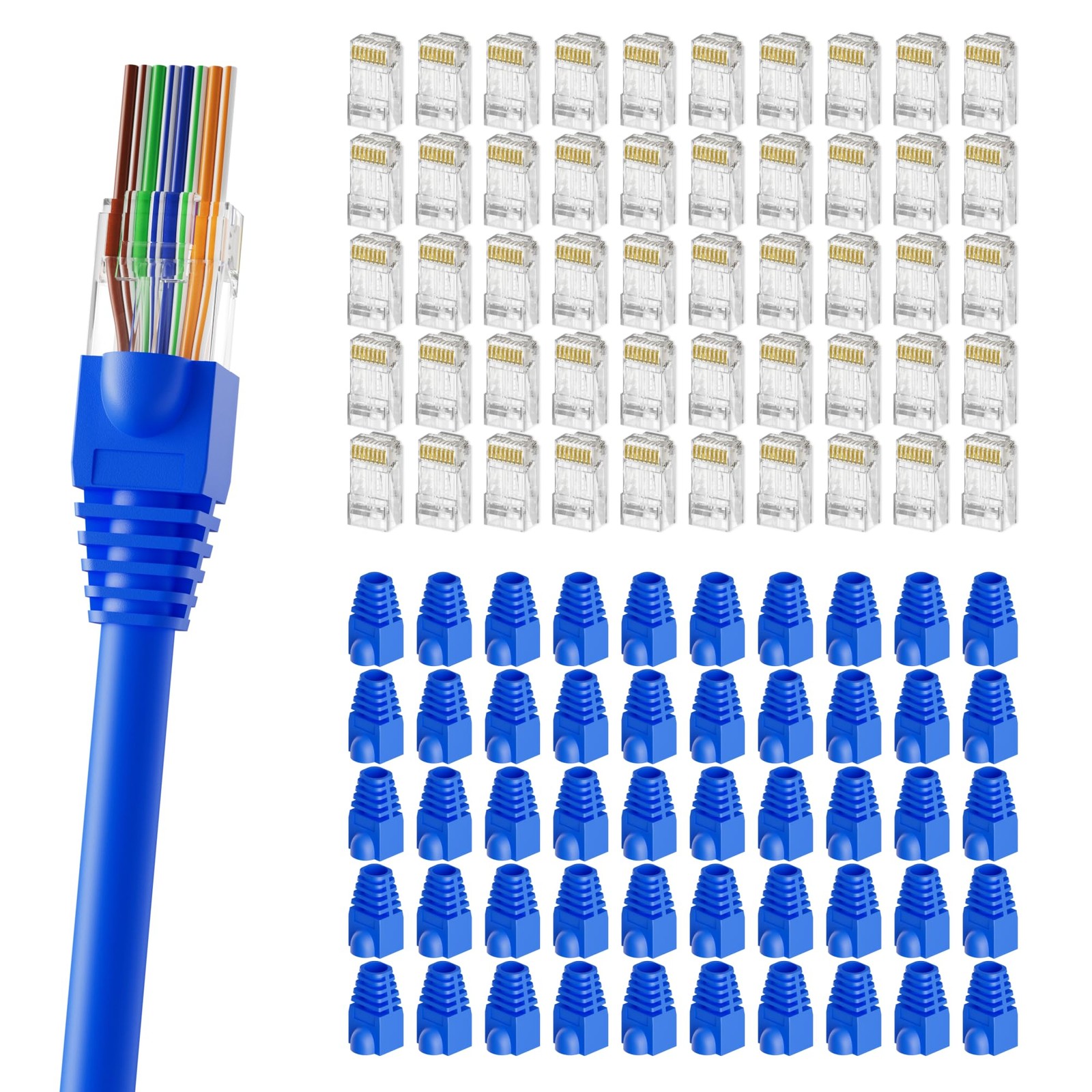 100-Pack Pass-Through RJ45 Connector with Blue Strain Relief Boots, Gold Plat.