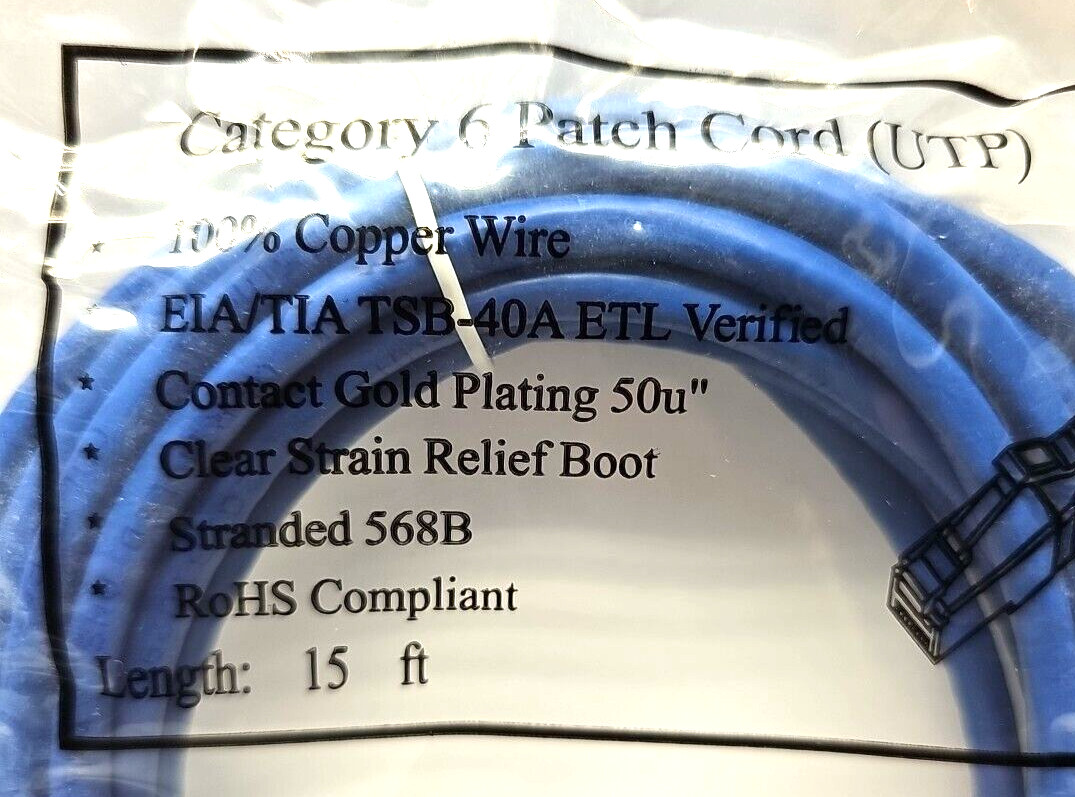 Lot of 5 Category 6 Patch Cord EIA/TIA TSB-40A ETL Verified 15 ft