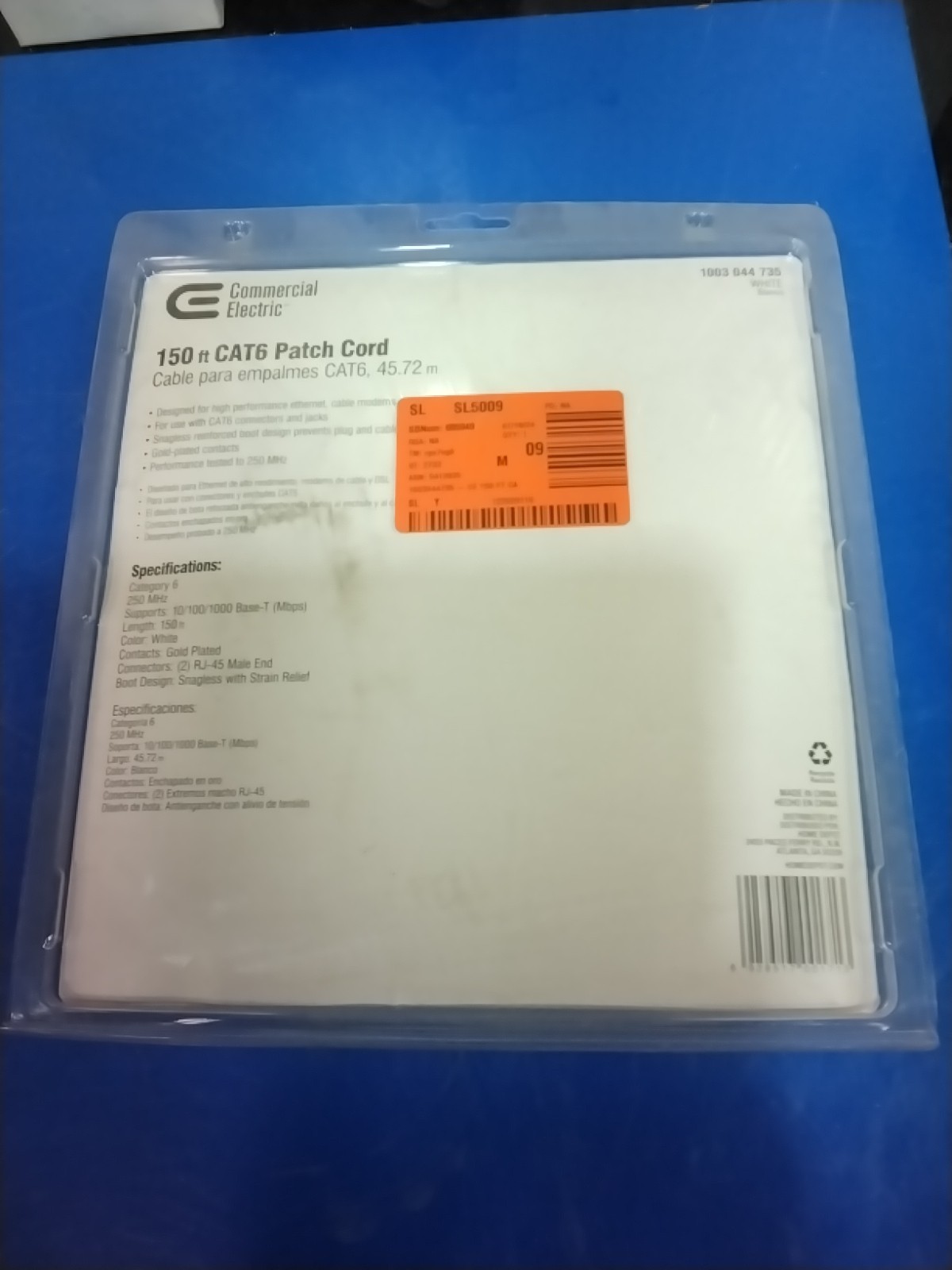 Commercial Electric 150 ft CAT6 Ethernet Patch Cable White Gold RJ45 Male End