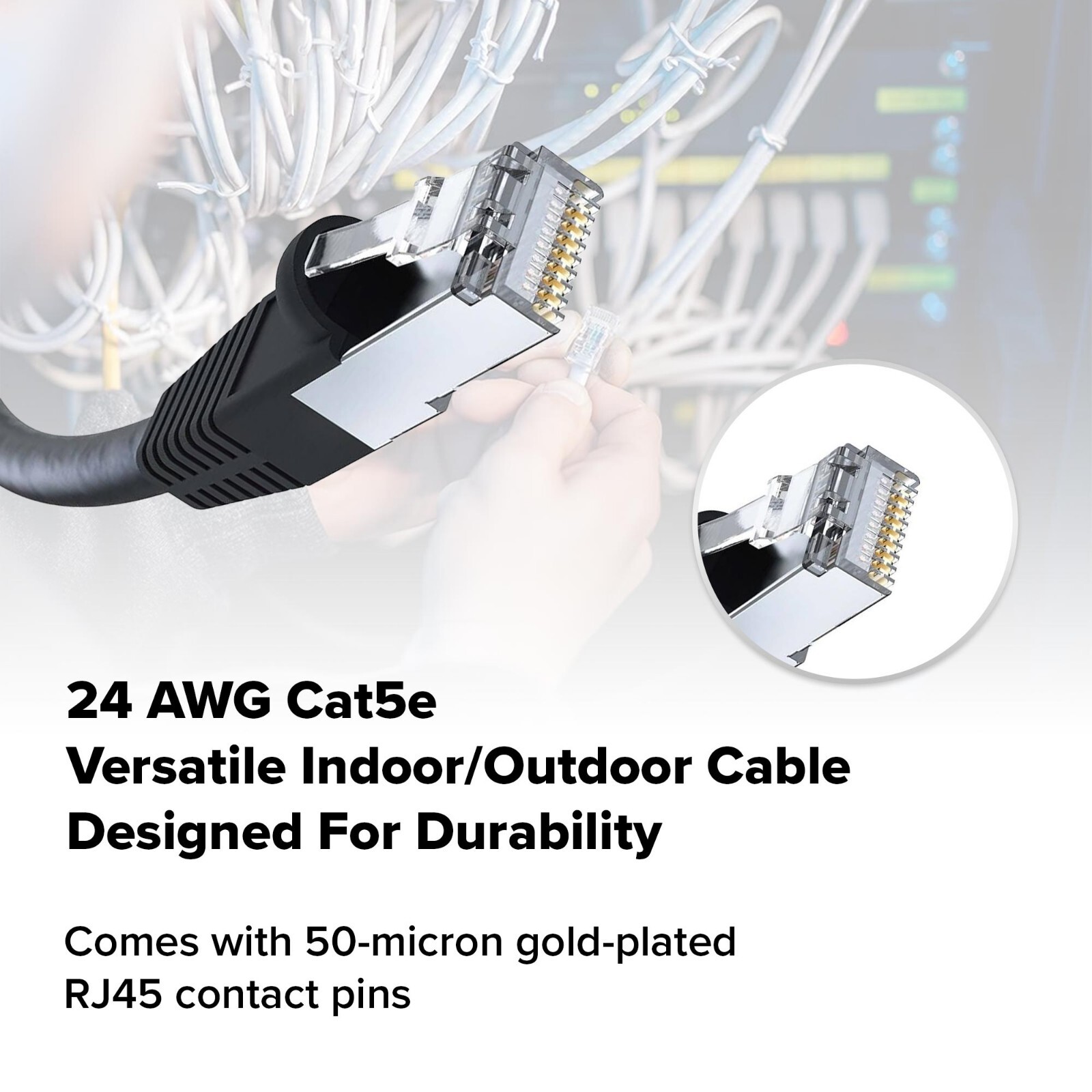 Cat 5e Ethernet Cable Black 1 Gbps Network Round Rj45 0.5, 1, 3, 5, 7, 14ft