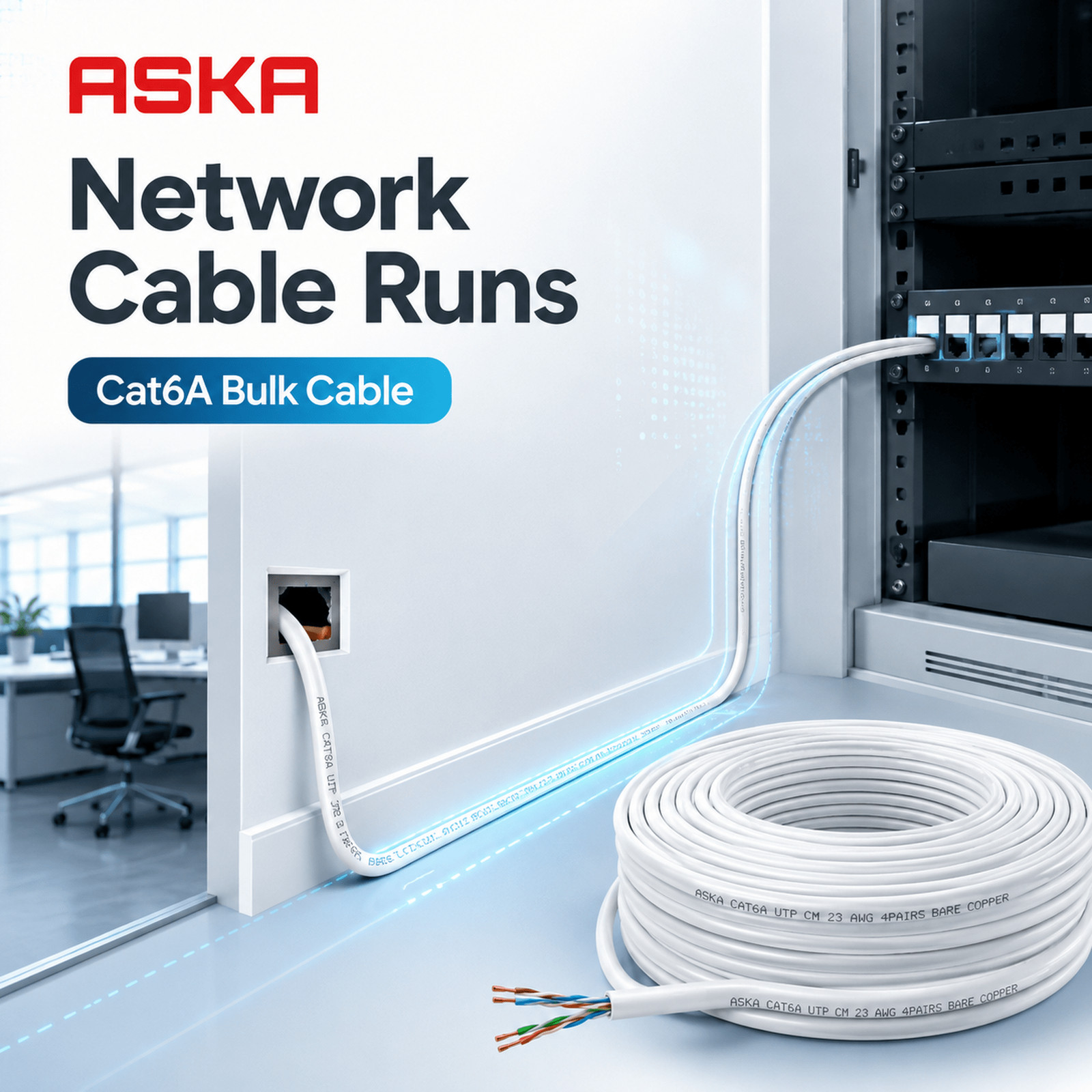 Ethernet LAN Cable UTP CAT6A Solid Bare Copper 23AWG White UL Certified CM Rated