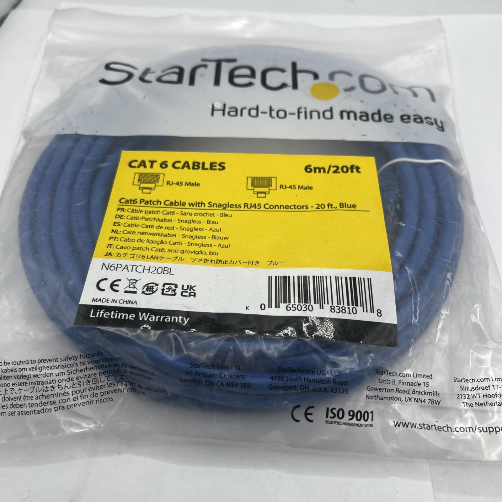 StarTech 20ft Blue Cat6 Patch Cable with Snagless RJ45 Connectors – Long