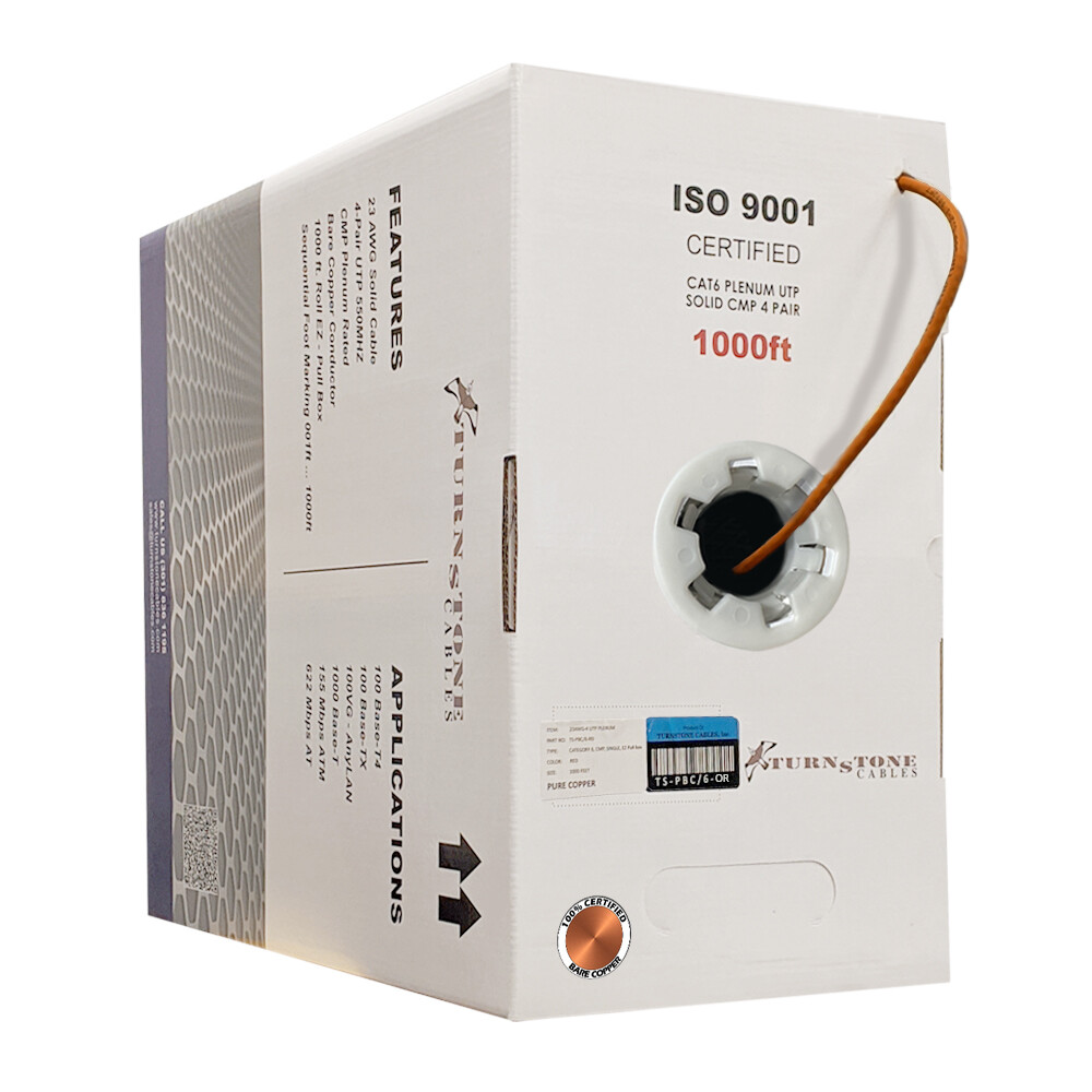 TSCables 550Mhz Cat6 Plenum 100% Solid Bare Copper UTP Ethernet Cable Orange