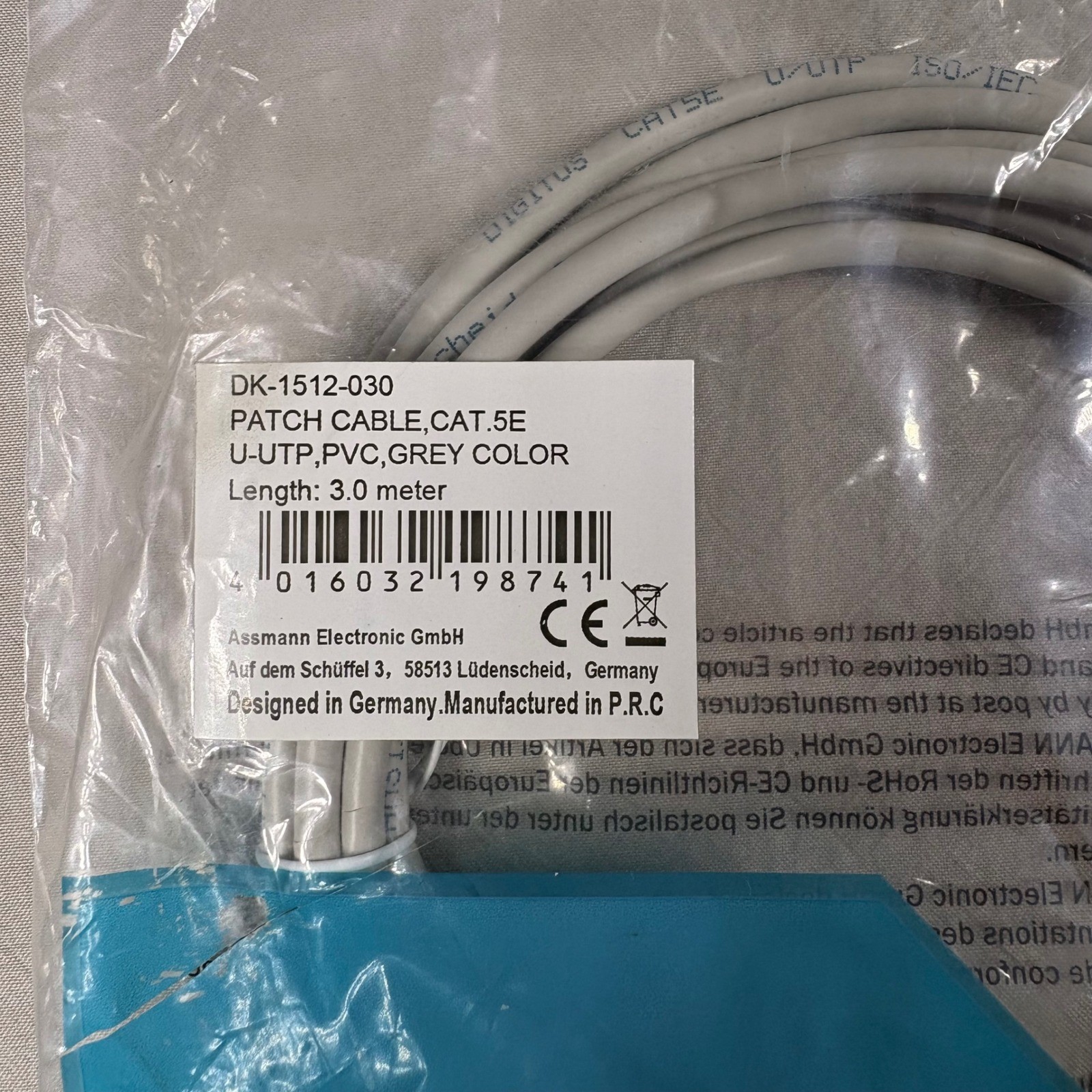 Digitus Cat 5e U-UTP PVC Patch Cable 3m Grey Ethernet Network DK-1512-030