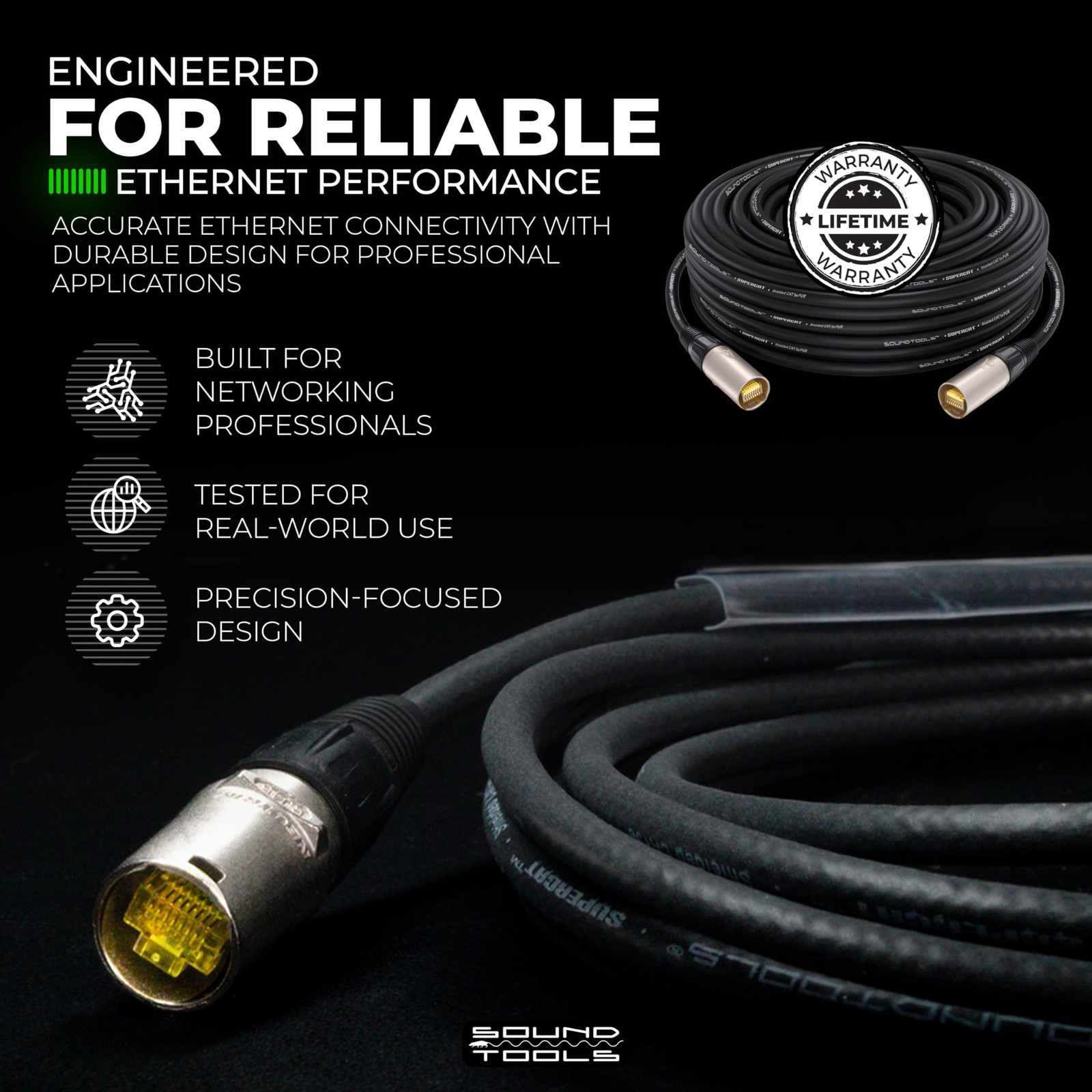 SuperCAT Professional Grade Shielded CAT5e etherCON Cable (25 ft, Black) | High-