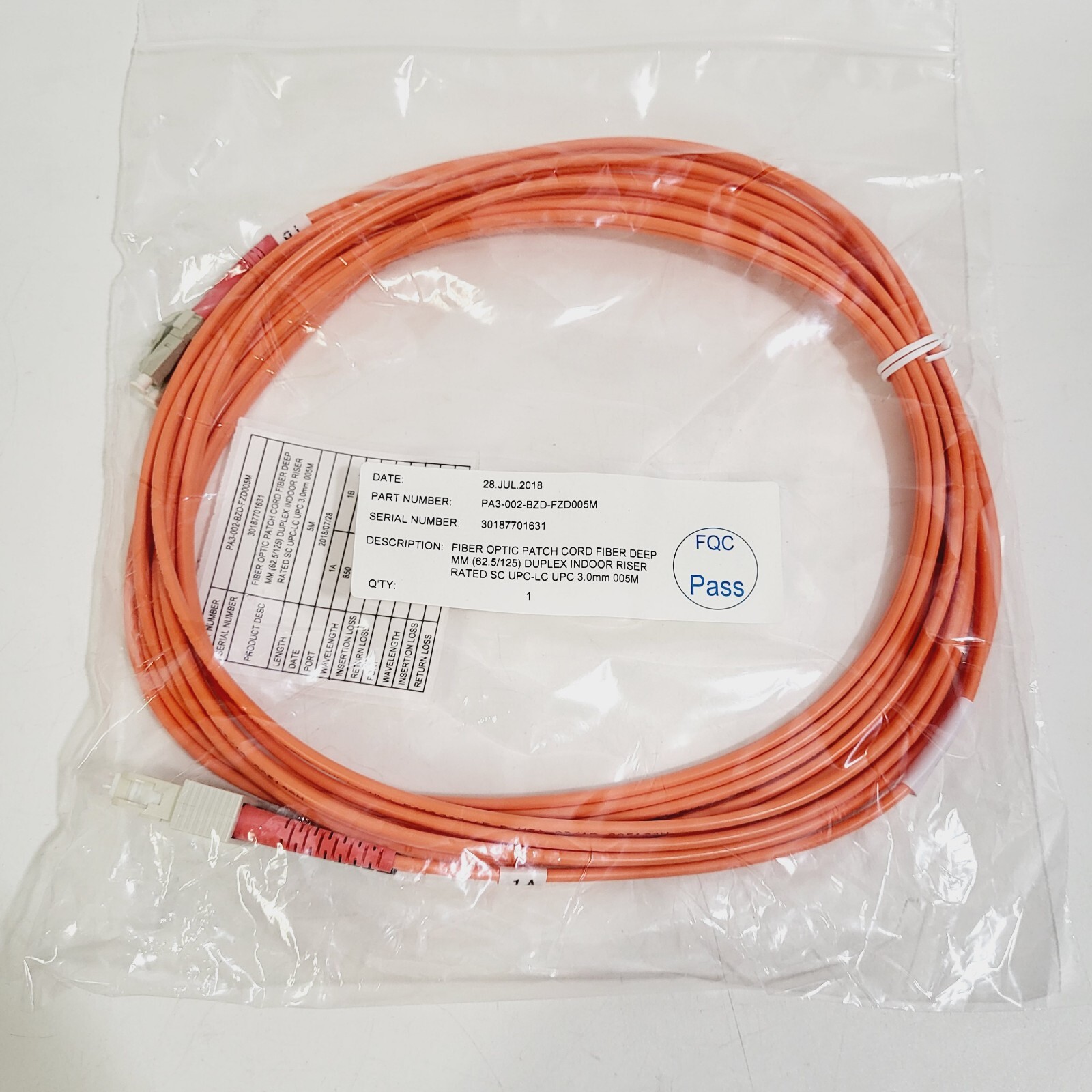 NEW Fiber Patchcord, 5 Meter,SC/UPC to Clipped LC/UPC PA3-002-BZD-FZD005M