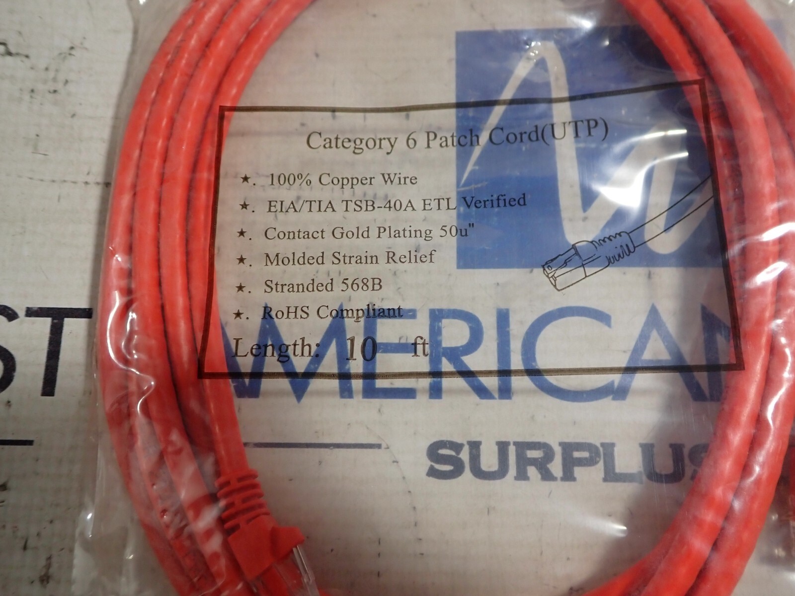 New Catagory 6 Patch Cord 10FT EIA/TIA TSB-40A Cordset