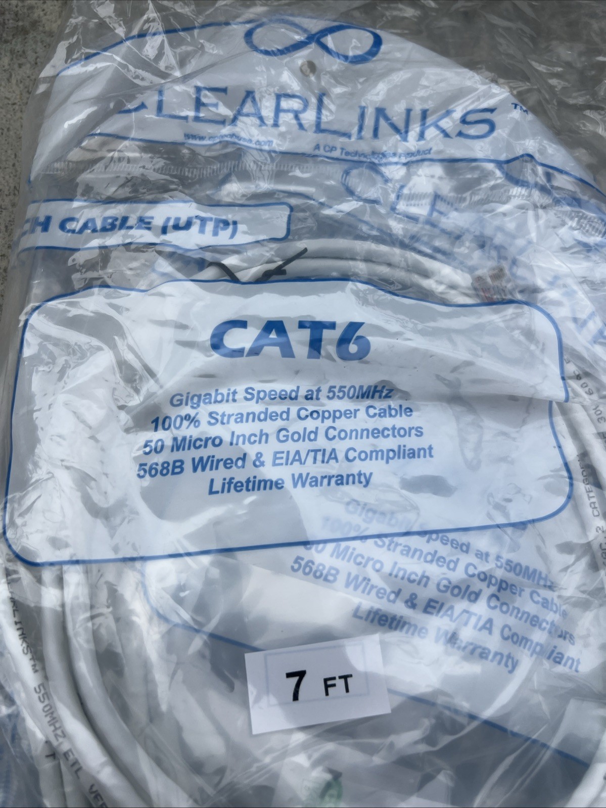 10 Pack Clear Links Patch Cable UTP 7 FT Foot 568B Wired EIA/TIA 500MHz Gigabit