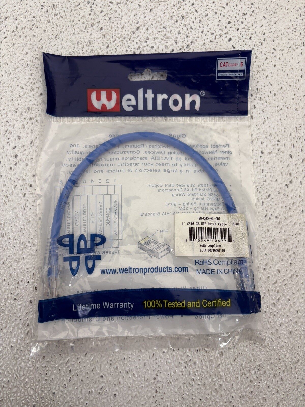 90-C6CB-BL-001 WELTRON BLUE GIGASYSTEM PATCH CABLE WITH T-568B STANDARD WIRING