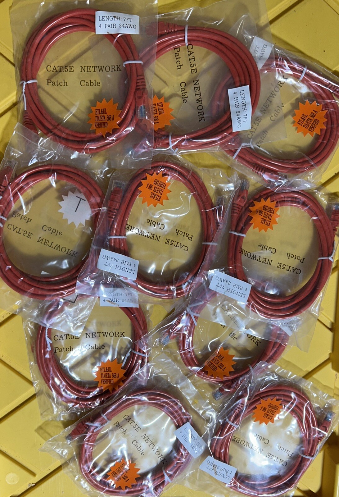 10 pack 7FT 4 PAIR 24AWG Cat5 Patch Cables Red ETL&UL TIA/ETA 568 A VERIFIED New