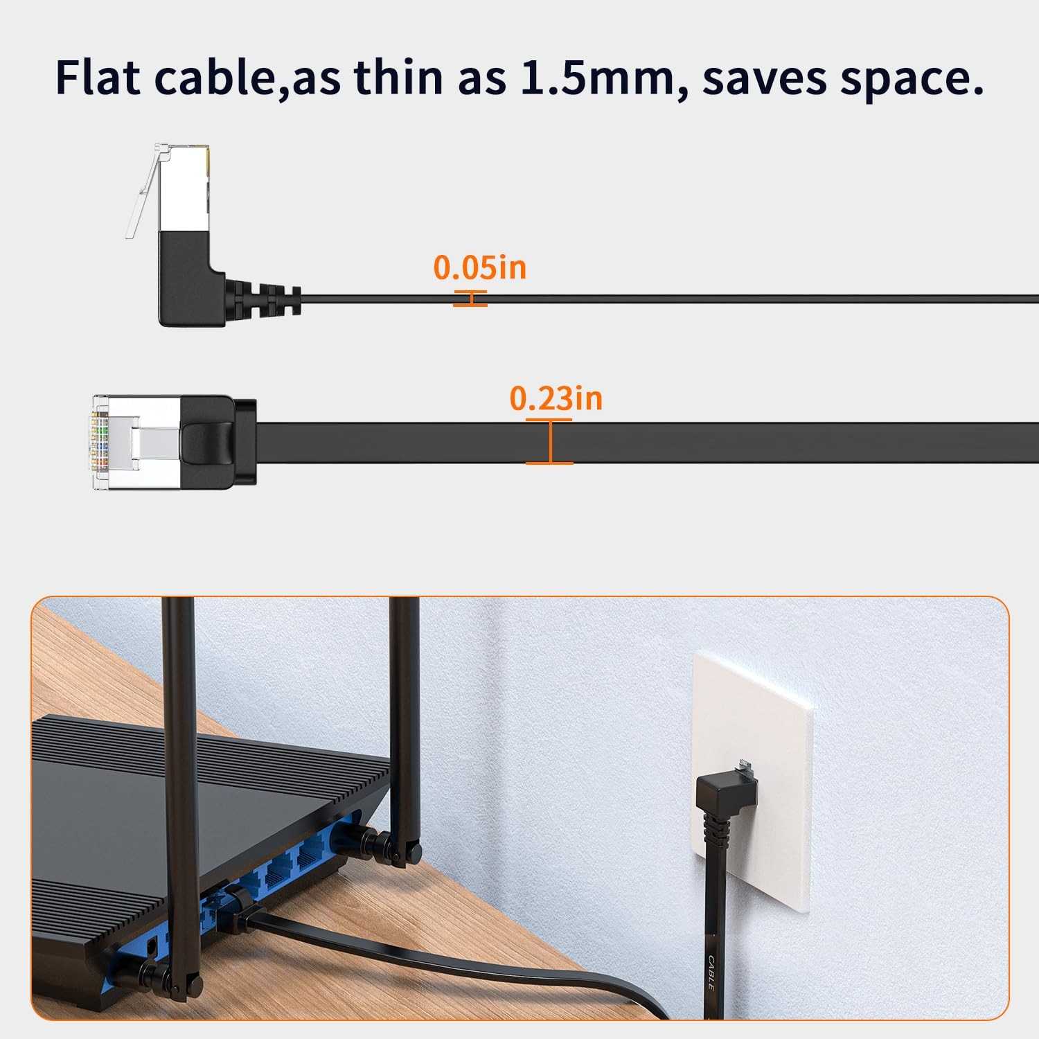 1 Pack 90 Degree Cat 6 Ethernet Cable 20FT Right Angle Flat Cord Black