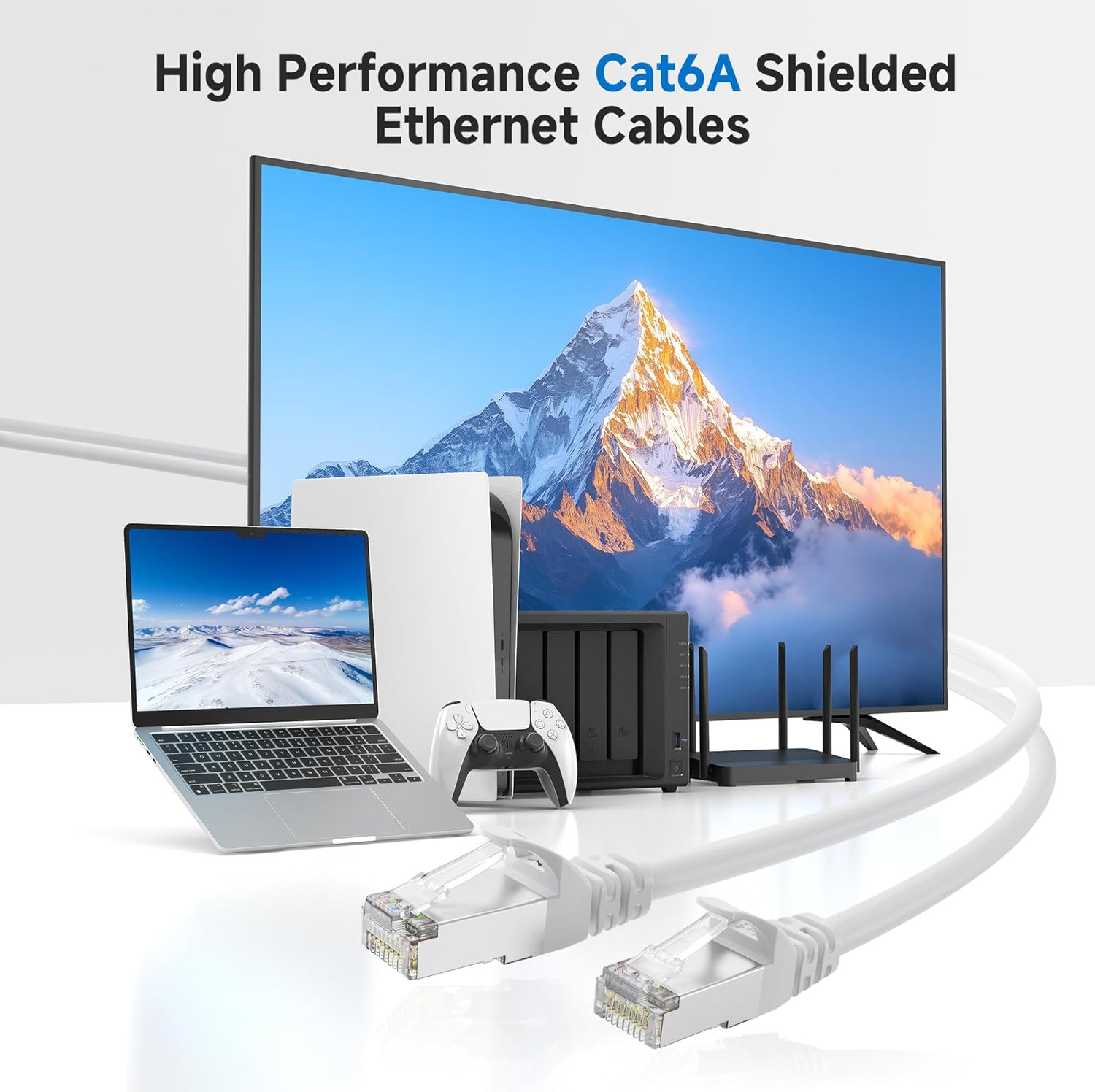 Cable Matters 10Gbps 5-Pack Snagless Shielded Cat 6A Cable, 1Ft, White | S/FTP
