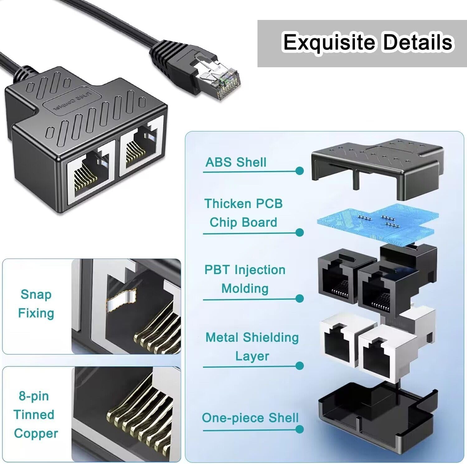 Ethernet Splitter, RJ45 1 Male to 2 Female LAN Cable Splitter black