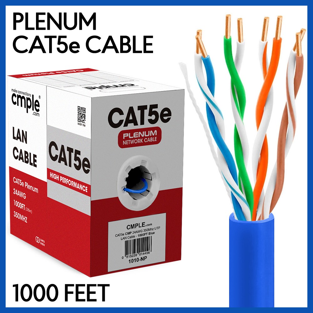 1000ft Cat5e Plenum Ethernet Cable CMP Solid 24AWG UTP Fast Install Blue