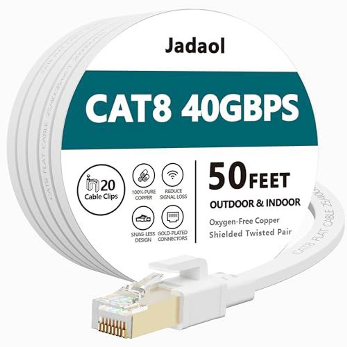 Jadaol Cat 8 Ethernet Cable 50 ft Flat 40Gbps 2000MHz S/FTP RJ45 White Open Box