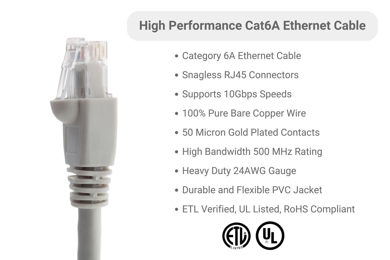 CAT6A Ethernet Patch Cable, Snagless, 50′, Gray – Lifetime Warranty