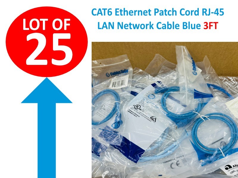 Lot of 25 🔥 ✅ CAT6 Ethernet Patch Cord 3FT, RJ-45 LAN Network Cable Blue