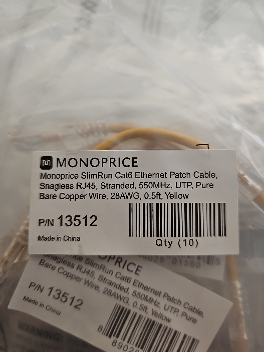 Monoprice Cat6 Ethernet Patch Cable – 0.5 feet – Yellow | Snagless RJ45 (x10)