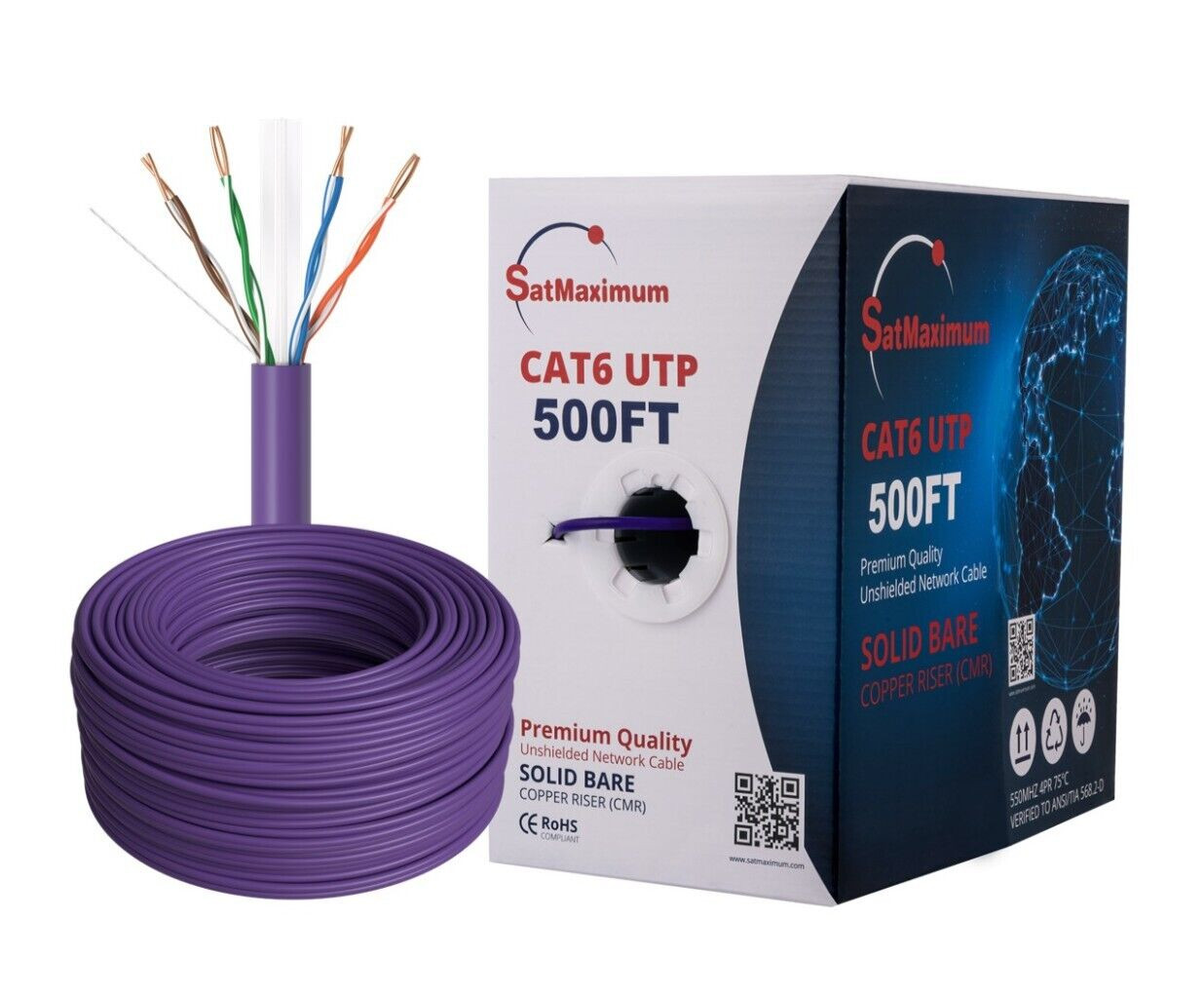 500FT CAT6 Riser Ethernet Cable CMR 23AWG 550MHz Solid Bare Copper Wire Purple