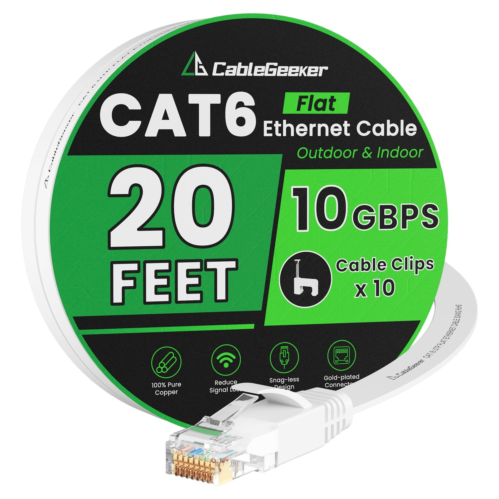 Cat 6 Ethernet Cable 20ft Flat High Speed 10Gbps Pure Copper LAN Cable White