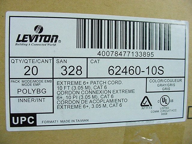 Leviton 62460-10G Gray 10ft Cat6+ Extreme Ethernet Cable Data Patch Cords 20pcs