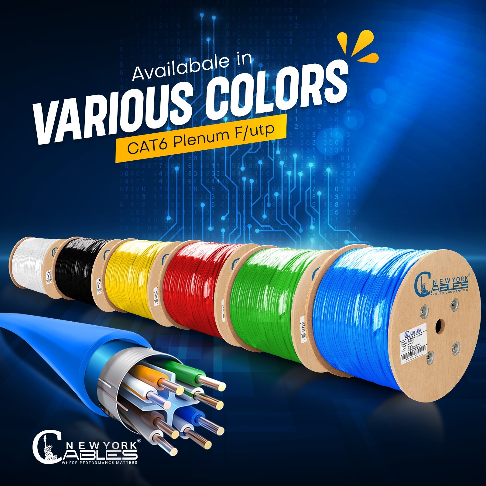 Copper Foil Shielded 1000ft Cat6 Plenum CMP 550Mhz F/UTP Ethernet LAN Cable Blue