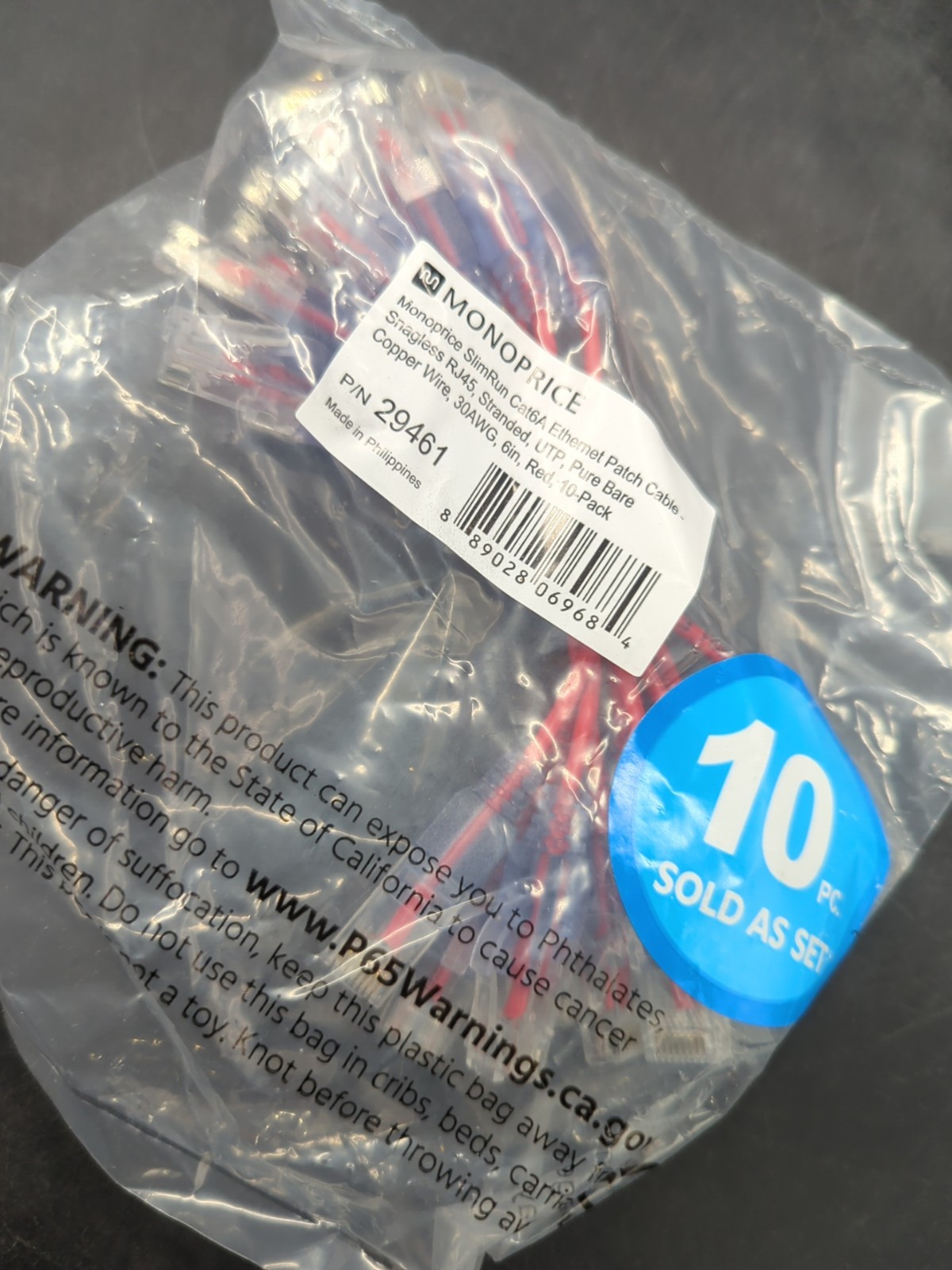 10 Pack: Monoprice: Slimrun: CAT6A Ethernet Patch Cable 6in: Red