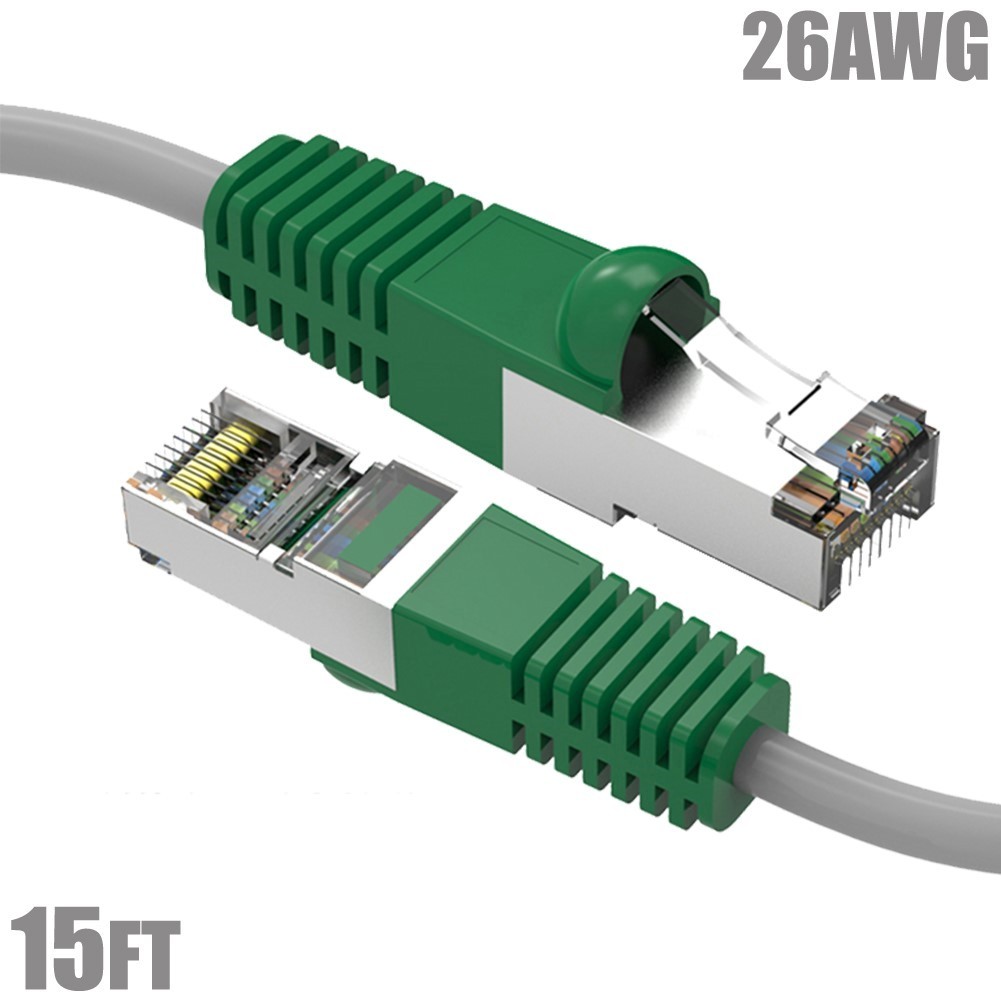 15FT Cat6 RJ45 Network Ethernet Shielded Crossover Cable Gray Wire Green Boot