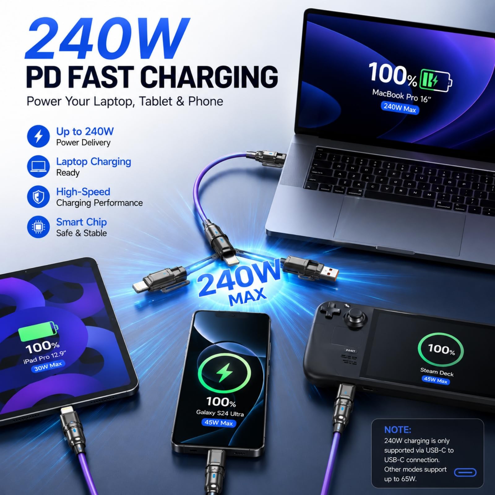 240W 4 in 1 USB Charging Cable Multi Fast Charge Compatible Universal Grey