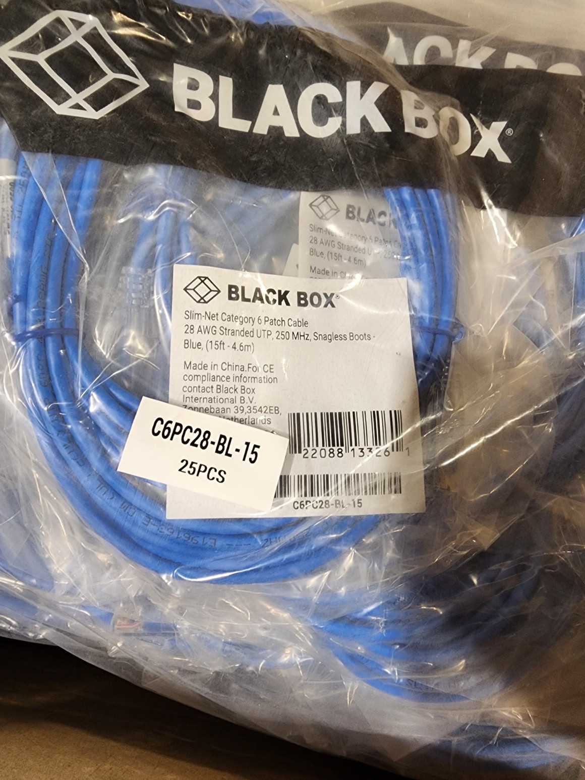 50 Pack 15ft Blue Black Box Slim-Net Cat 6A Patch Cable 28AWG UTP Snagless