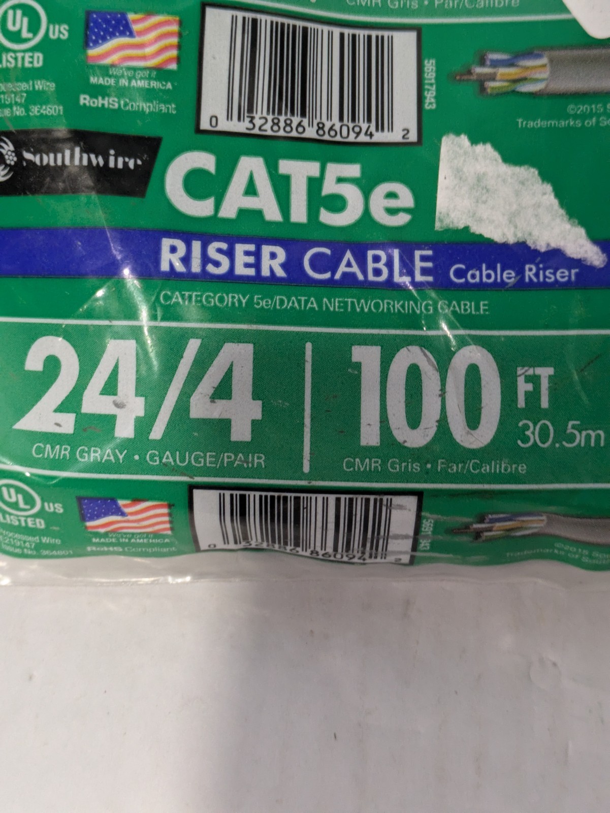 Southwire CAT5e Riser Cable 100 FT 24/4 CMR Gray Data Networking 30.5m New