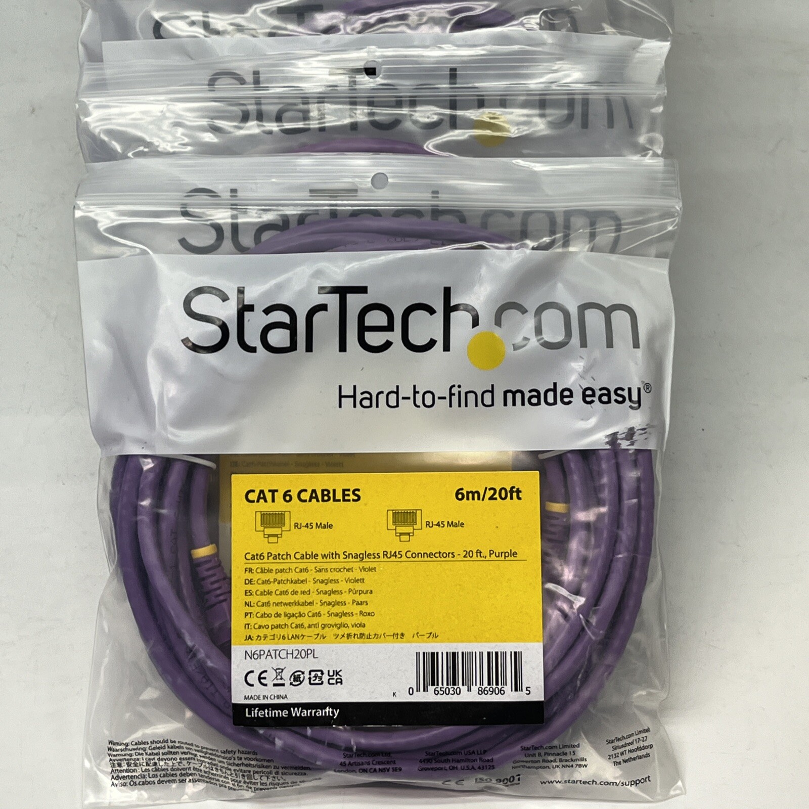 StarTech 20ft RJ-45 M/M Cat6 Snagless Patch Cable 10 Pack Purple | USA Seller