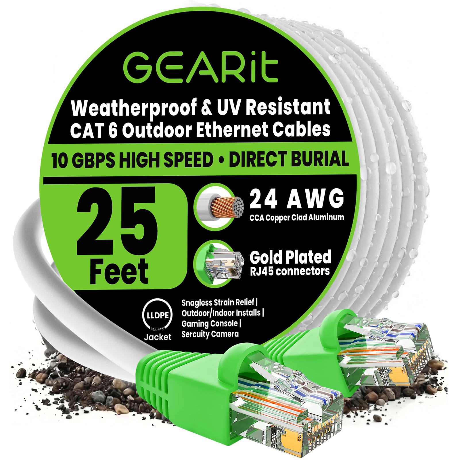 Cat6 Outdoor Ethernet Cable 25ft Waterproof Direct Burial CCA Copper Clad