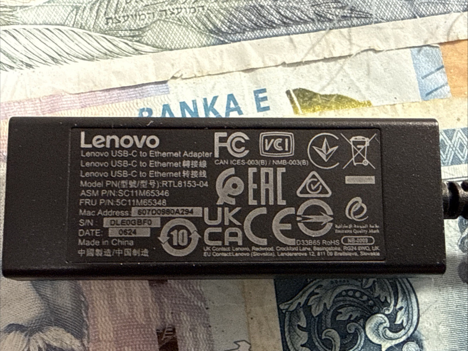 Lenovo Cable USB-C – to- 2.5G Ethernet Adapter FRU-P/N 5C11M65348 NEW