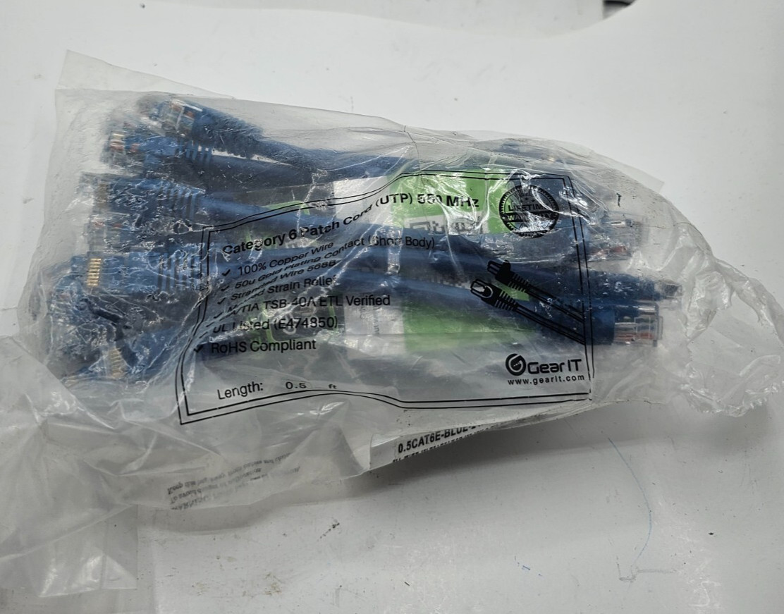 (QTY 24) GeatIt Cat 6 Ethernet Cable 0.5Ft Blue 0.5CAT6E-BLUE-24PK-FBA-COMV