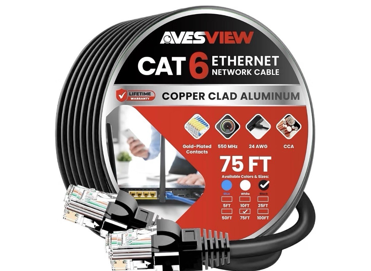 AvesView CAT6 75 ft Ethernet Cable, Black | Indoor High-Speed 10Gbps