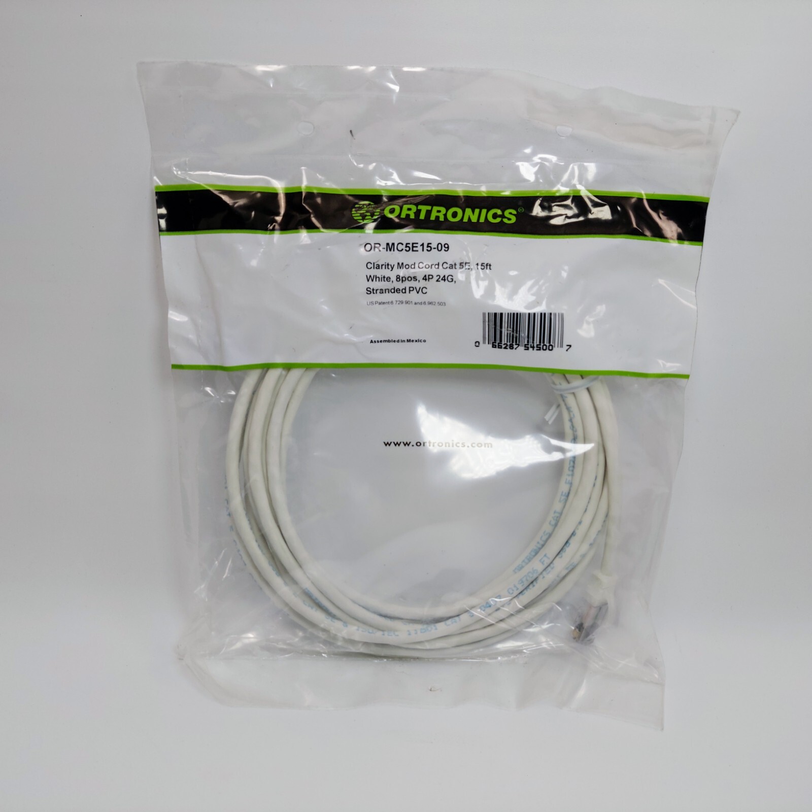 Ortronics Ethernet Clarity 5E Premium Category 5e Modular Patch Cord, White, 15’